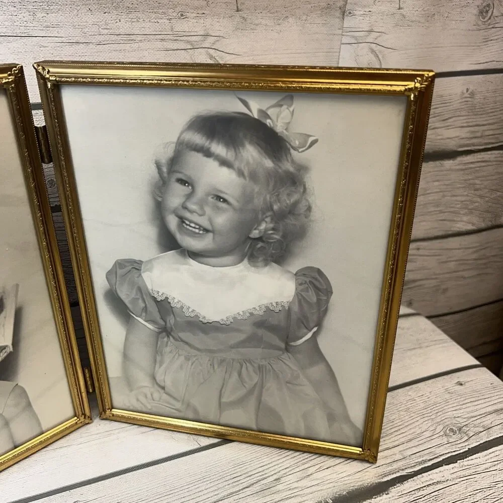 Vintage MCM Ornate Gold Tone Metal Bi-Fold Double 8x10 Hinged Picture Frame